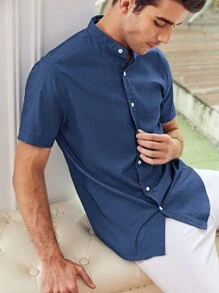 Manfinity VCAY Framsida Knappar Slätt Enkel Herr Skjorta - Marinblå - Visa 6
