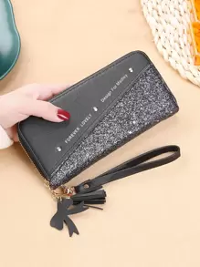 Yogodlns Tassel Decor Glitter Checkbook Cover Slim Portable Cash White-Collar Workers For Female College Work Business Commute Office For Anniversary For Birthday Gift On Valentine Day Gift Gift Wristlet Wallet Wristlet Wallet For Women Wallet Purse Wallet Long Wallet - Black - View 6