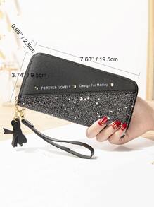 Yogodlns Tassel Decor Glitter Checkbook Cover Slim Portable Cash White-Collar Workers For Female College Work Business Commute Office For Anniversary For Birthday Gift On Valentine Day Gift Gift Wristlet Wallet Wristlet Wallet For Women Wallet Purse Wallet Long Wallet - Black - View 7