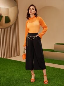 Mulvari Bộ đồ hai mảnh nữ Chuỗi viền lá sen cắt màu trơn Giải trí - trái cam - Xem 2