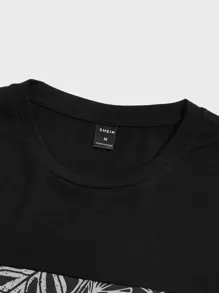 Manfinity VCAY 男款T恤，合身設計，圓領，短袖，印花，休閒夏季 - 黑色 - 查看 4