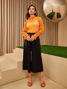 Mulvari Bộ đồ hai mảnh nữ Chuỗi viền lá sen cắt màu trơn Giải trí - trái cam - Xem 3