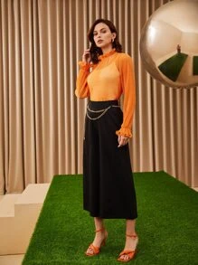 Mulvari Bộ đồ hai mảnh nữ Chuỗi viền lá sen cắt màu trơn Giải trí - trái cam - Xem 4