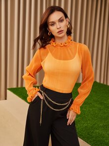 Mulvari Bộ đồ hai mảnh nữ Chuỗi viền lá sen cắt màu trơn Giải trí - trái cam - Xem 5