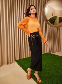 Mulvari Bộ đồ hai mảnh nữ Chuỗi viền lá sen cắt màu trơn Giải trí - trái cam - Xem 6