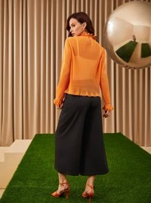 Mulvari Bộ đồ hai mảnh nữ Chuỗi viền lá sen cắt màu trơn Giải trí - trái cam - Xem 7