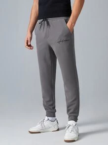 GENTILAND Men Drawstring Waist Letter Graphic Joggers - Grey - View 1