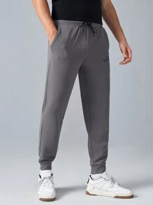 GENTILAND Men Drawstring Waist Letter Graphic Joggers - Grey - View 5