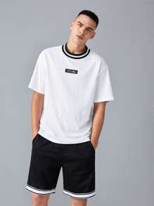GENTILAND Loose Fit Men's Letter Print Contrast Stripe T-Shirt And Shorts Set - Black and White - View 3