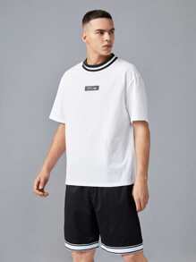 GENTILAND Loose Fit Men's Letter Print Contrast Stripe T-Shirt And Shorts Set - Black and White - View 4