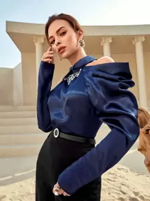 Modelyn 挖肩羊腿袖水鑽細節上衣 - 藏蓝色 - 查看 1