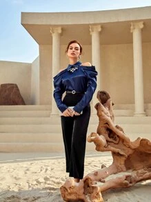 Modelyn 挖肩羊腿袖水鑽細節上衣 - 藏蓝色 - 查看 3