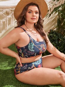 Plus Size Bộ bikini lưng cao in hoa đi biển mùa hè - Nhiều màu - Xem 1
