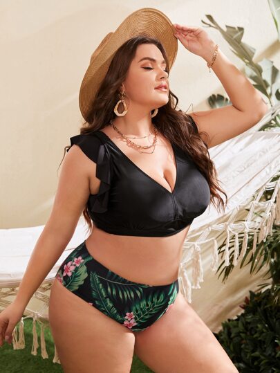 Plus Size Plant Print Ruffle Trim Bikini Set Summer Beach