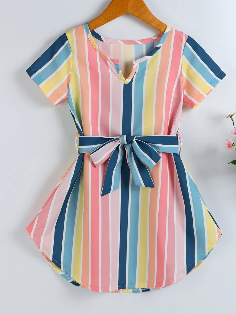 Toddler Girls Colourful Striped Notched Neck Belted Dress - Multicolor - View 1