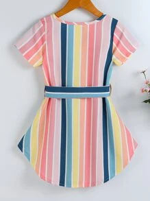 Toddler Girls Colourful Striped Notched Neck Belted Dress - Multicolor - View 2