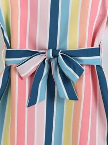 Toddler Girls Colourful Striped Notched Neck Belted Dress - Multicolor - View 3