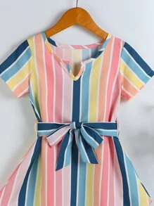 Toddler Girls Colourful Striped Notched Neck Belted Dress - Multicolor - View 4