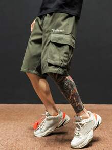 Manfinity Homme Men Letter Graphic Flap Pocket Drawstring Cargo Shorts - Army Green - View 3