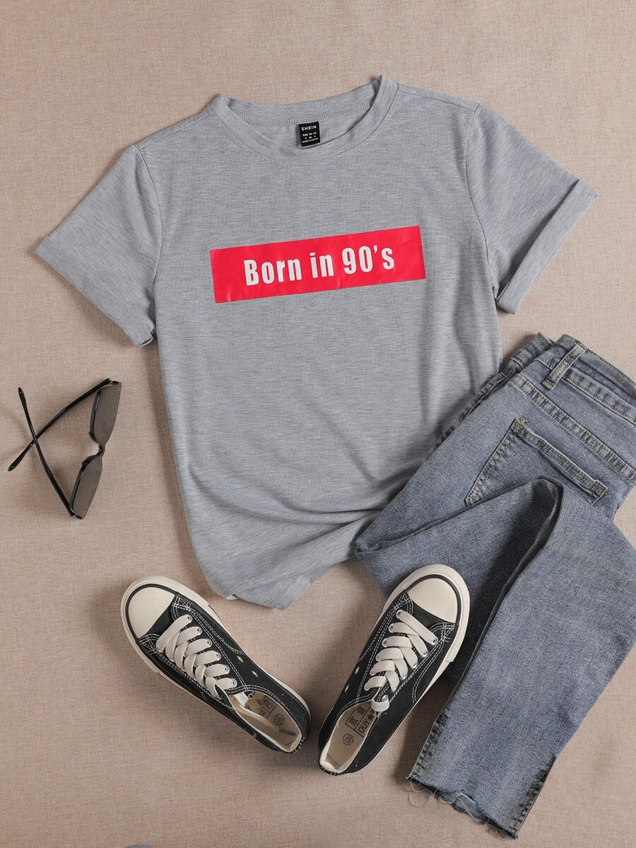 SHEIN Unity Camiseta con estampado de letra de manga corta - Gris Claro - Ver 1
