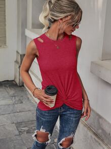 Cut Out Twist Hem Tank Top - Rose Red - View 4