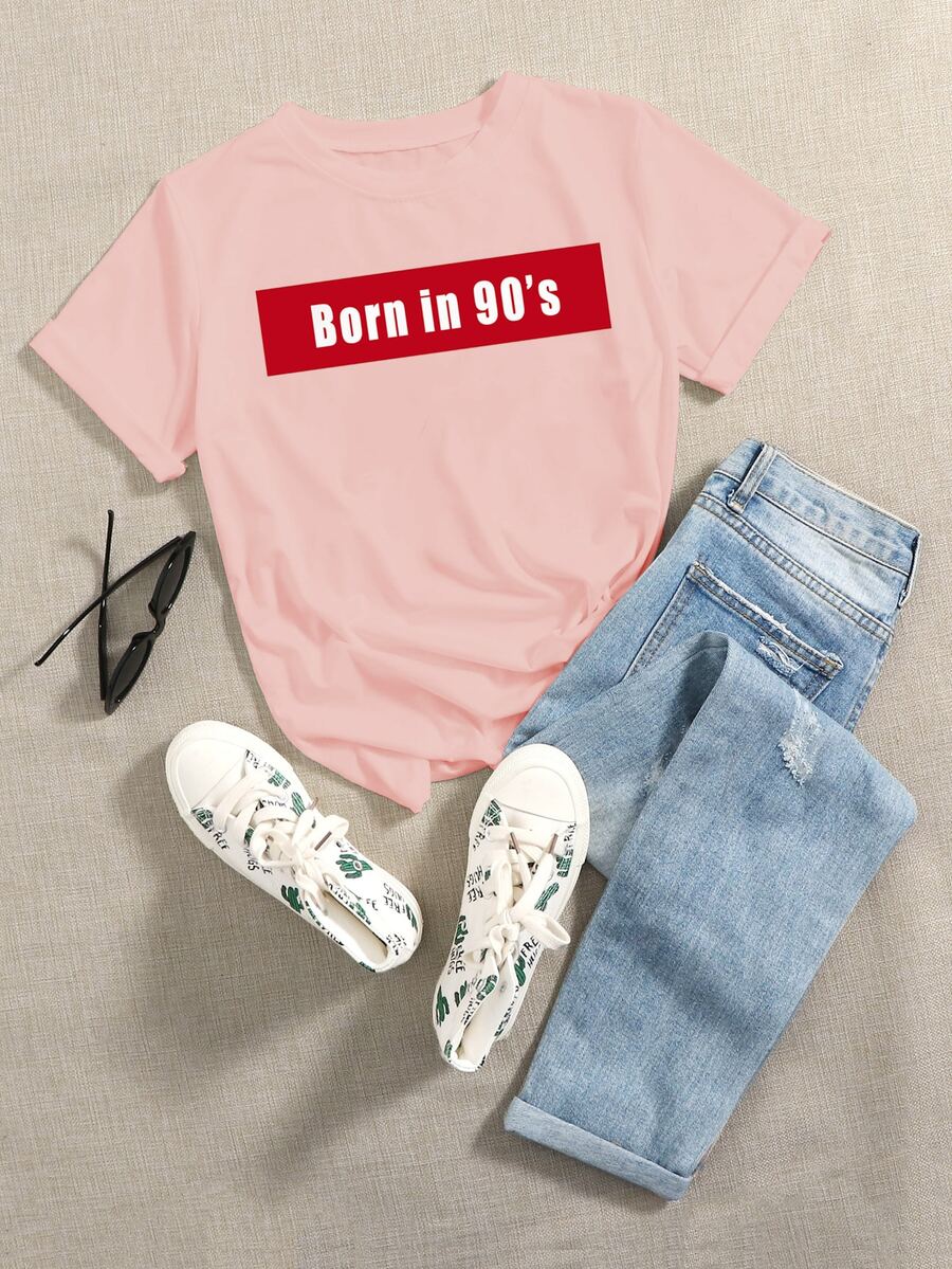 SHEIN Unity Camiseta de manga corta con estampado de slogan - Rosa Pálido - Ver 1
