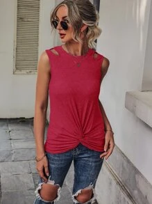 Cut Out Twist Hem Tank Top - Rose Red - View 5