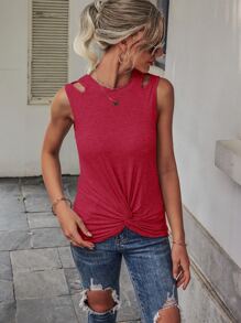 Cut Out Twist Hem Tank Top - Rose Red - View 6