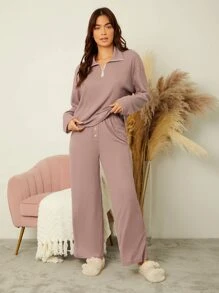Mulvari Drop Shoulder Half Zip Waffle Knit Tee & Wide Leg Trousers - Mauve Purple - View 4