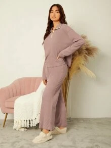 Mulvari Drop Shoulder Half Zip Waffle Knit Tee & Wide Leg Trousers - Mauve Purple - View 5