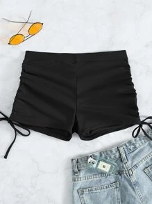 SHEIN Swim Summer Beach Plain Drawstring Tie Side Bikini Bottom - Black - View 2