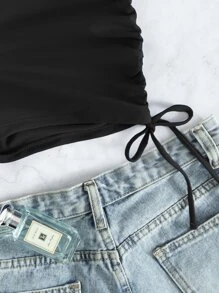 SHEIN Swim Summer Beach Plain Drawstring Tie Side Bikini Bottom - Black - View 6