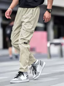 Manfinity Hombres Pantalones cargo con parche de letra - Caqui - Ver 1