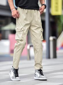 Manfinity Hombres Pantalones cargo con parche de letra - Caqui - Ver 5