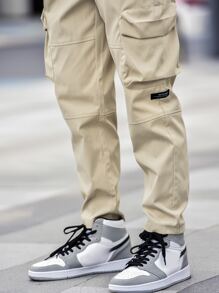 Manfinity Hombres Pantalones cargo con parche de letra - Caqui - Ver 6