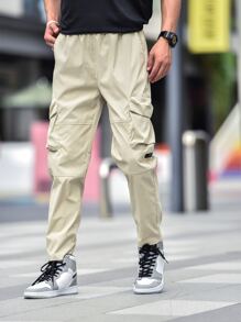 Manfinity Hombres Pantalones cargo con parche de letra - Caqui - Ver 7