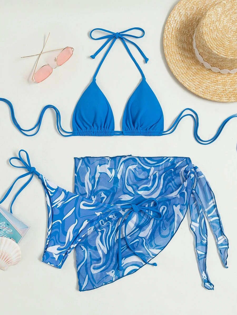 3packs Fluid Pattern Halter Triangle Bikini & Beach Skirt - Blue - View 1