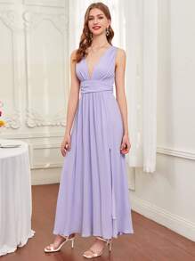 SHEIN Belle 無袖高衩褶邊連衣裙 - 紫丁香色 - 查看 4