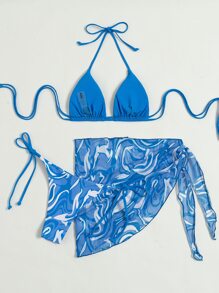 3packs Fluid Pattern Halter Triangle Bikini & Beach Skirt - Blue - View 2