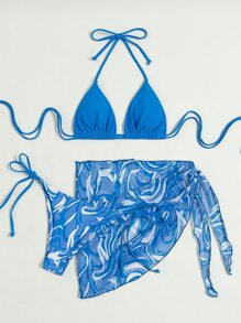 3packs Fluid Pattern Halter Triangle Bikini & Beach Skirt - Blue - View 5