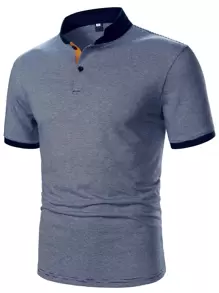 Manfinity Homme Men Striped Print Contrast Trim Polo Shirt - Blue and White - View 1