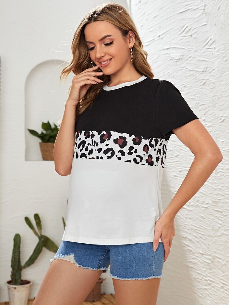 SHEIN Maternidad Camiseta con estampado de leopardo en contraste - Blanco y Negro - Añade 5