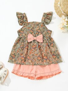 SHEIN 小女童小碎花荷葉邊蝴蝶結上衣和短褲