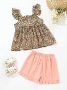 SHEIN 小女童小碎花荷葉邊蝴蝶結上衣和短褲