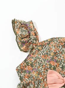 SHEIN 小女童小碎花荷葉邊蝴蝶結上衣和短褲