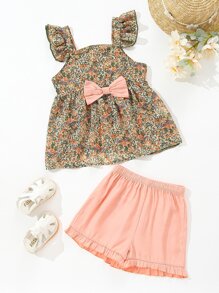 SHEIN 小女童小碎花荷葉邊蝴蝶結上衣和短褲