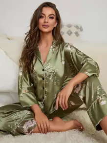 Floral Print Contrast Piping Satin Blouse & Trousers PJ Set - Green - View 1