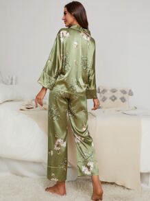 Floral Print Contrast Piping Satin Blouse & Trousers PJ Set - Green - View 2