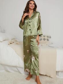 Floral Print Contrast Piping Satin Blouse & Trousers PJ Set - Green - View 4