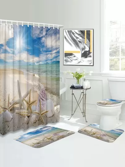 1pc Beach & Starfish Print Bath Rug Or 1pc Shower Curtain Home Bathroom Decor Floor Carpet Outdoor Rug Door Mat Fall Decor Bathroom Accessories Back To School Entryway Decor